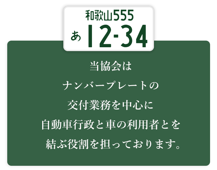 当協会は、ナンバープレートの交付業務を中心に自動車行政と車の利用者とを結ぶ役割を担ってます。